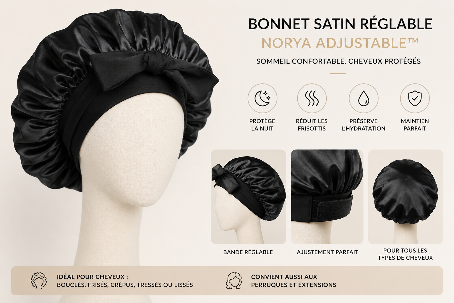 Bonnet de nuit en Satin Réglable Premium | Norya